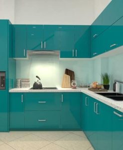 TBA098-Tủ bếp chữ L màu xanh AC78 nhựa đặc cánh phủ Acrylic.