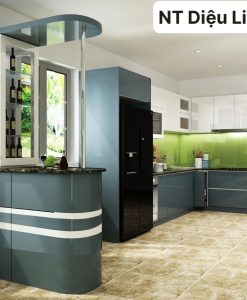 TBA129-Tủ bếp nhựa đặc cánh phủ Acrylic tủ bếp chữ L kết hợp quầy đựng rượu.