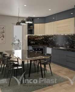 TBV105-Tủ bếp chữ L nhựa cao cấp Vincoplast VC35 màu mới nhất năm 2023.