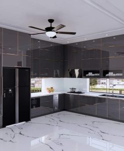 TBK003-Tủ bếp cánh kính cường lực tủ bếp màu ghi chữ L, thi công tại 266 xuân thành Ninh Bình.