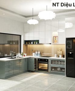 TBA137-Tủ bếp Acrylic Ninh Bình tủ bếp chữ L kết hợp tông màu xanh-trắng.
