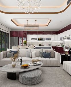 TBK010-Tủ bếp cánh kính tủ bếp liên thông phòng khách địa chỉ Phúc Thành Ninh Bình.