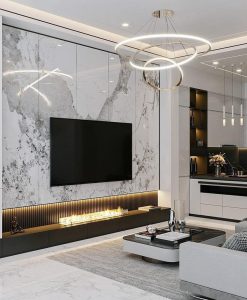 TBA147-Tủ bếp liên thông phòng khách thi công tại Ninh Bình nhựa đặc cánh phủ Acrylic.