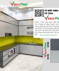 TBV117- Tủ bếp nhựa cao cấp Vincoplast tông màu ghi xám VC19+ tông màu ghi đậm VC35 sự kết hợp hoàn hảo của nội thất hiện đại.
