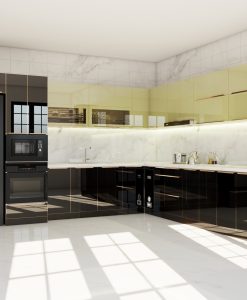 TBK029-Tủ bếp cánh kính khung nhựa đặc kết hợp tông màu vàng-nâu.