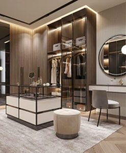 TAK006_Thiết kế tủ quần áo cánh kính Hiện Đại-Sang Trọng đặt trong phòng thay đồ.