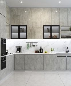 TBA169_Mẫu tủ bếp nhựa Picomat cánh phủ Acrylic bóng gương màu vân đá.