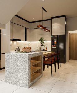 TBA181_Tủ bếp chữ L thi công tại Ninh Bình cánh phủ Acrylic bóng gương.