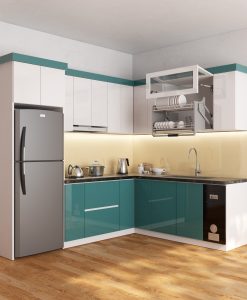 TBA185_Tủ bếp chữ L nhựa đặc Acrylic mẫu tủ bếp màu xanh thi công tại Ninh Bình.