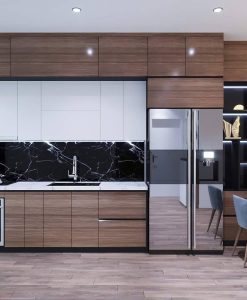TBA182_Tủ bếp kịch trần tủ bếp màu trắng kết hợp vân gỗ cánh phủ Acrylic bóng gương.