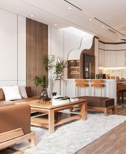 TBA183_ Mẫu tủ bếp kịch trần, tủ bếp liên thông phòng khách nhựa đặc cánh phủ Acrylic bóng gương.