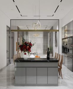 TBA188_Tủ bếp chữ i kết hợp bàn đảo nhựa đặc cánh phủ Acrylic bóng gương.